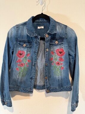 Bebe Girls Embroidered Floral Denim Jacket - Blue with Red / pink Flowers